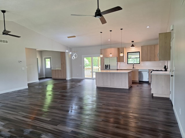 794 Laurel Park Rd, Clarksburg, WV 26301 - kitchen with stainless steel appliances, ceiling fan, open floor plan, a center island, and lofted ceiling