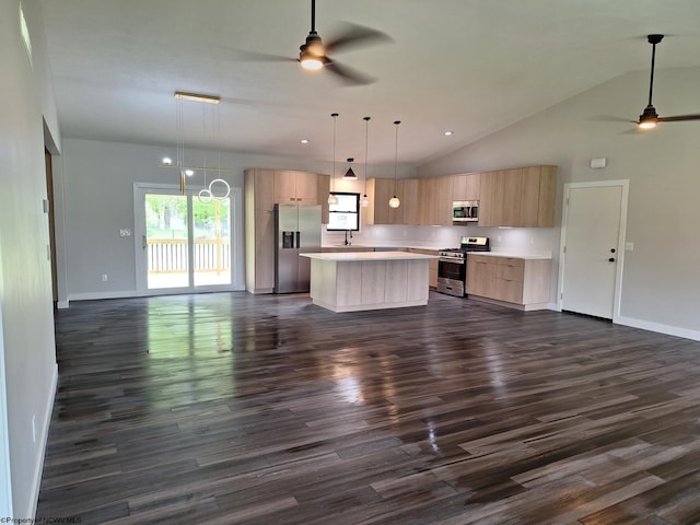794 Laurel Park Rd, Clarksburg, WV 26301 - kitchen featuring appliances with stainless steel finishes, ceiling fan, light brown cabinets, open floor plan, and high vaulted ceiling
