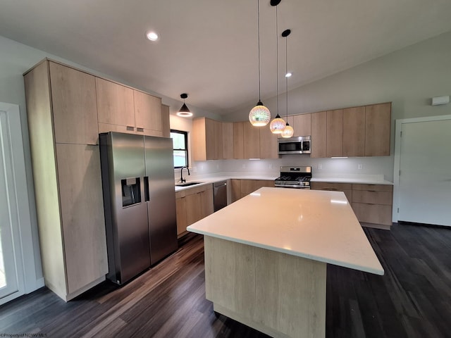 794 Laurel Park Rd, Clarksburg, WV 26301 - kitchen with stainless steel appliances, light brown cabinets, modern cabinets, vaulted ceiling, and light countertops