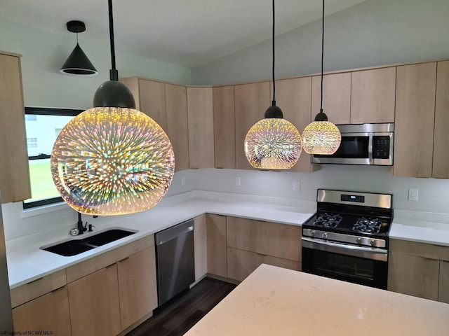 794 Laurel Park Rd, Clarksburg, WV 26301 - kitchen with stainless steel appliances, a sink, light countertops, dark wood-style floors, and light brown cabinetry