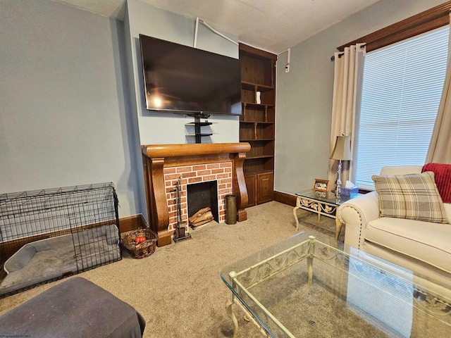 426 Duff Ave, Clarksburg, WV 26301 - living area featuring carpet, a brick fireplace, and baseboards