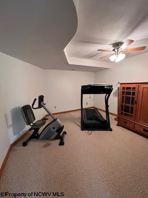 677 Dylan Rd, Elkins, WV 26241 - exercise room featuring baseboards, carpet flooring, and a ceiling fan