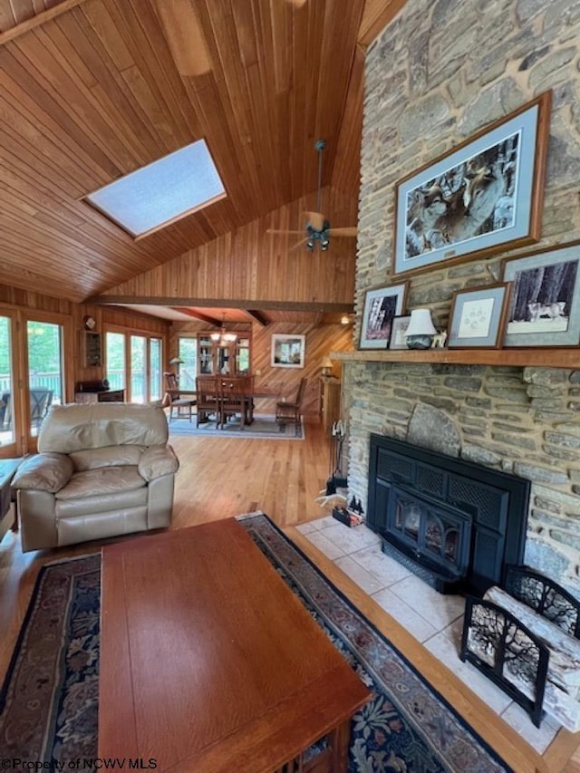 677 Dylan Rd, Elkins, WV 26241 - living area featuring vaulted ceiling, a skylight, wood finished floors, wooden walls, and wooden ceiling