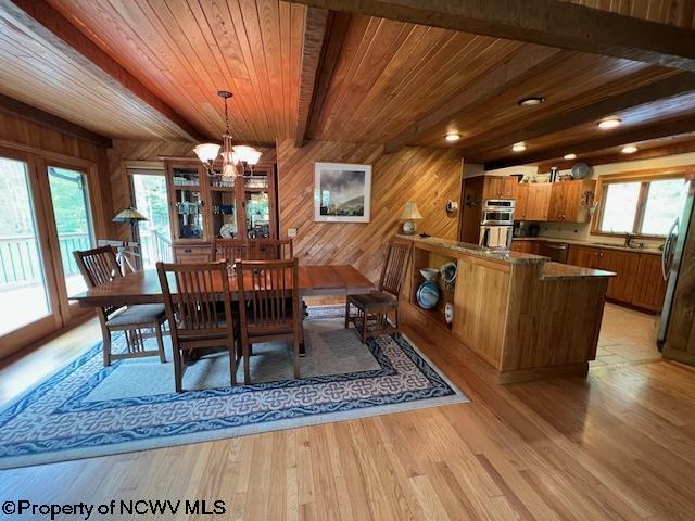 677 Dylan Rd, Elkins, WV 26241 - dining space with a chandelier, wooden ceiling, wooden walls, light wood-type flooring, and beam ceiling