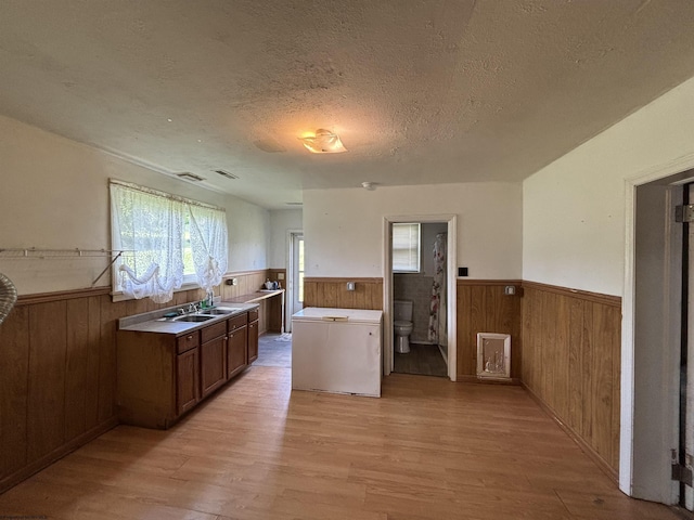 29 Dan St, Hepzibah, WV 26369 - kitchen featuring a wainscoted wall, a textured ceiling, wooden walls, light wood finished floors, and a sink