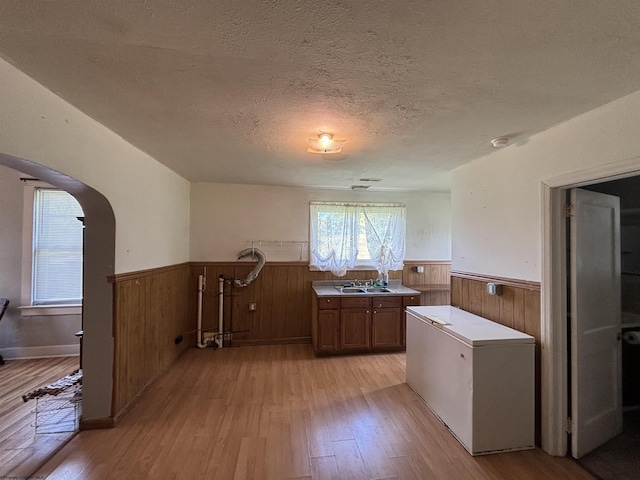 29 Dan St, Hepzibah, WV 26369 - kitchen featuring a wainscoted wall, a sink, arched walkways, a textured ceiling, and light wood finished floors