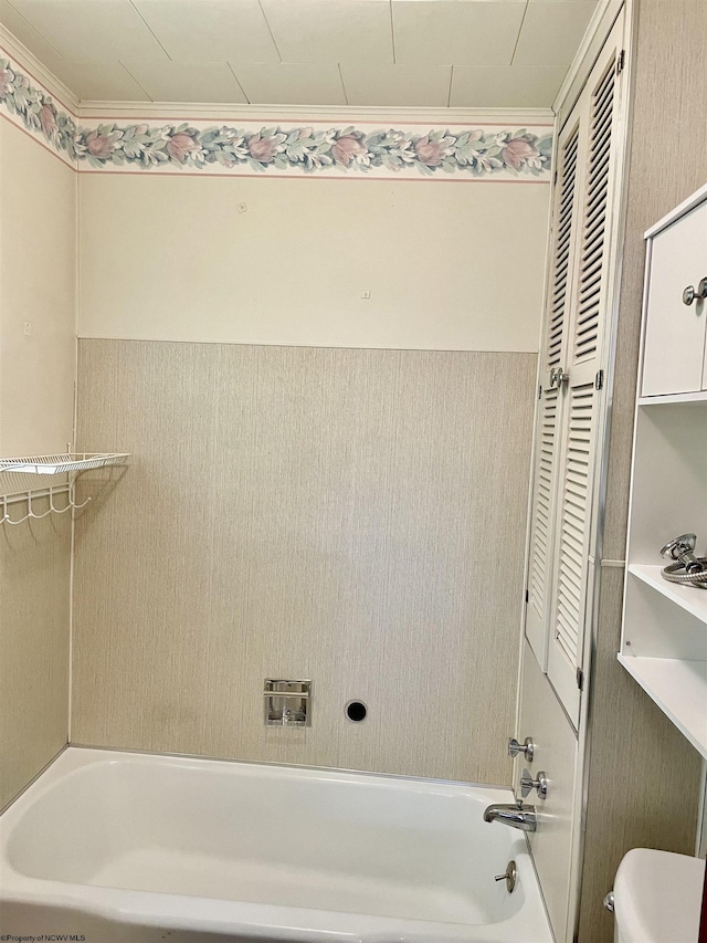 303 Morgantown St, Kingwood, WV 26537 - full bath with toilet, ornamental molding, and shower / washtub combination