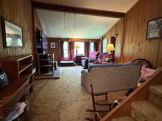 4253 Point Mountain Rd, Monterville, WV 26282 - carpeted living area with wood walls and stairway