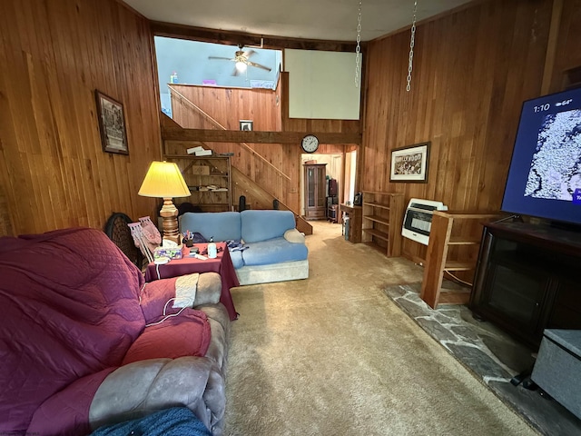 4253 Point Mountain Rd, Monterville, WV 26282 - carpeted living area with wooden walls, heating unit, and ceiling fan