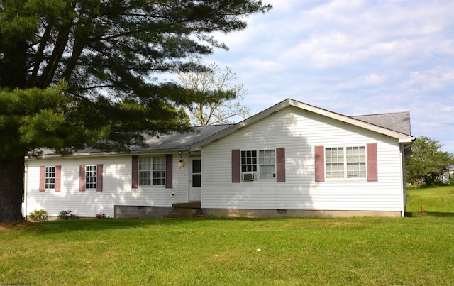 single story home with a front yard, crawl space, and roof with shingles