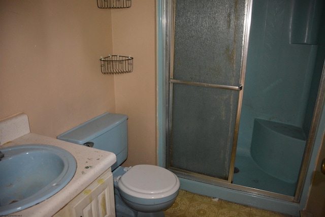 bathroom with a stall shower, toilet, and vanity
