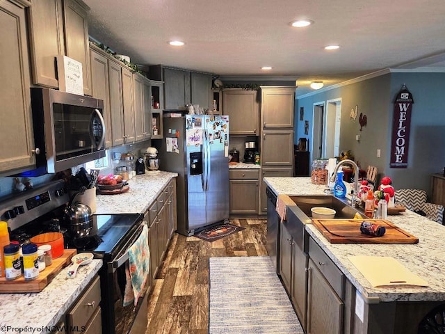 kitchen featuring appliances with stainless steel finishes, crown molding, dark wood-style flooring, a sink, and a center island with sink
