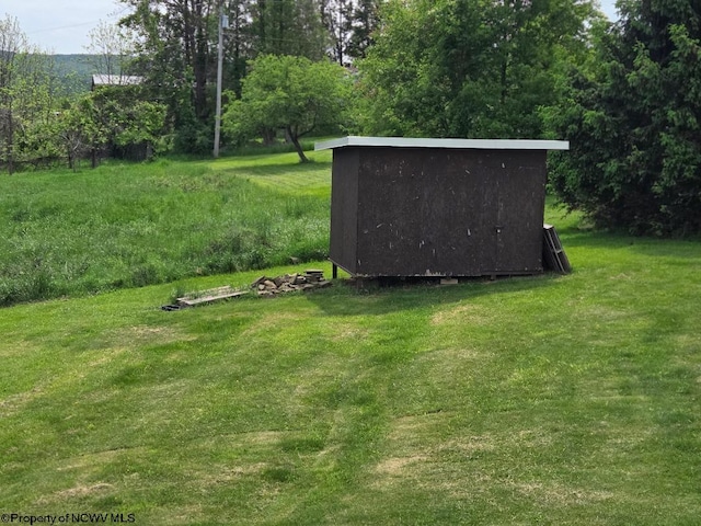 view of grassy yard with an outbuilding and a shed