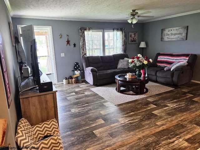 living area with wood finished floors, ornamental molding, ceiling fan, and a textured ceiling