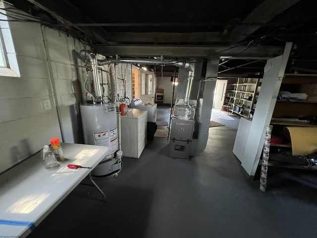 302 Jameson Ave, Parsons, WV 26287 - unfinished basement with water heater, washing machine and clothes dryer, heating unit, and concrete block wall