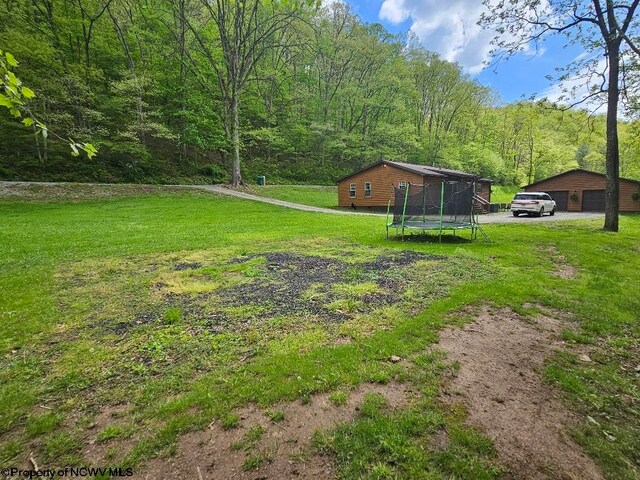 760 Skelton Run, Wallace, WV 26448 - view of grassy yard featuring a trampoline, a detached garage, an outbuilding, and a wooded view