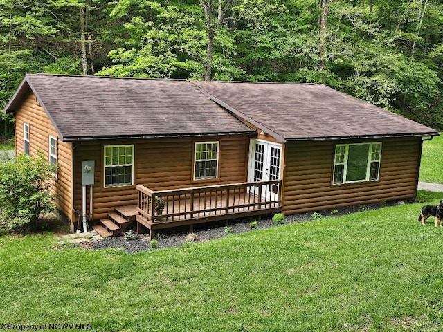 760 Skelton Run, Wallace, WV 26448 - back of house with roof with shingles, french doors, a deck, a yard, and log veneer siding