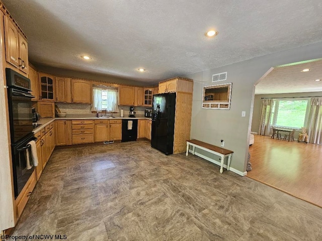 760 Skelton Run, Wallace, WV 26448 - kitchen with black appliances, arched walkways, healthy amount of natural light, a sink, and a textured ceiling