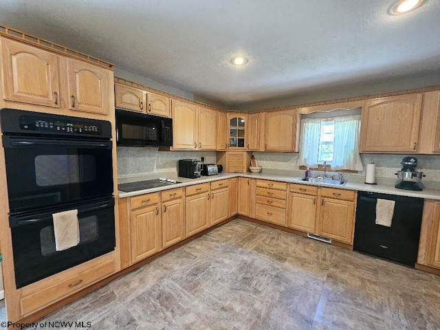 760 Skelton Run, Wallace, WV 26448 - kitchen featuring black appliances, light countertops, light brown cabinets, glass insert cabinets, and a sink