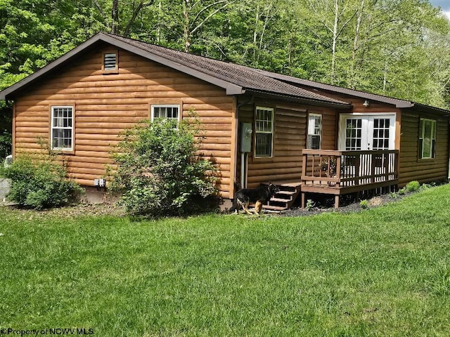760 Skelton Run, Wallace, WV 26448 - view of front of house featuring a wooden deck, a front lawn, and french doors