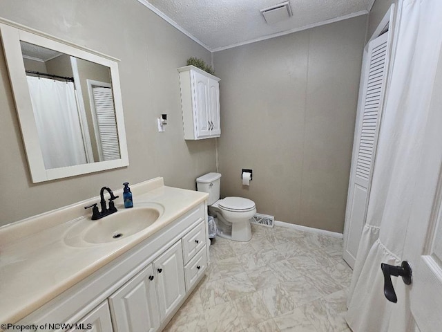 760 Skelton Run, Wallace, WV 26448 - full bath featuring vanity, a textured ceiling, toilet, crown molding, and marble look tile flooring