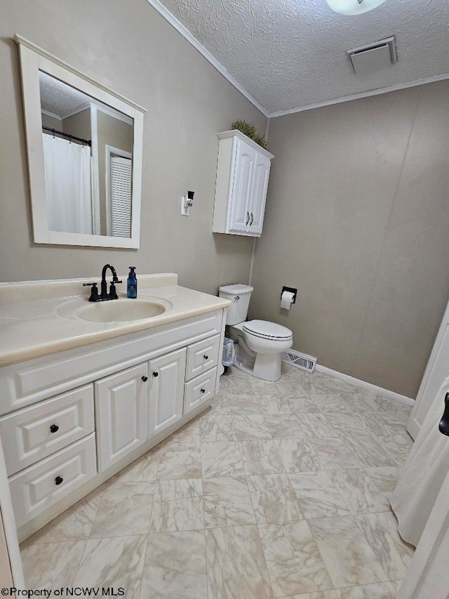 760 Skelton Run, Wallace, WV 26448 - bathroom with toilet, crown molding, vanity, a textured ceiling, and marble look tile flooring