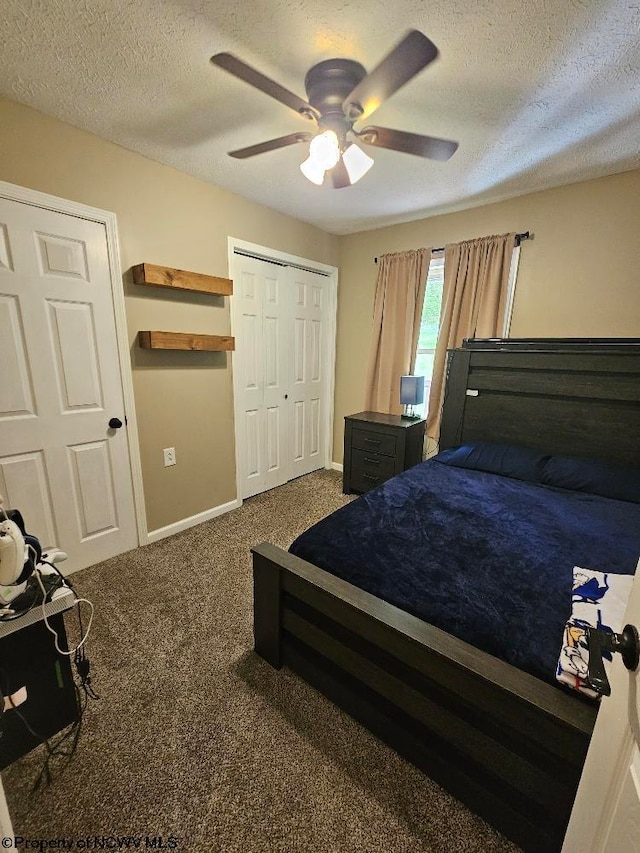 760 Skelton Run, Wallace, WV 26448 - carpeted bedroom featuring a textured ceiling, baseboards, ceiling fan, and a closet