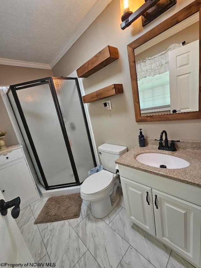 760 Skelton Run, Wallace, WV 26448 - full bathroom featuring marble look tiles, a shower stall, ornamental molding, vanity, and a textured ceiling