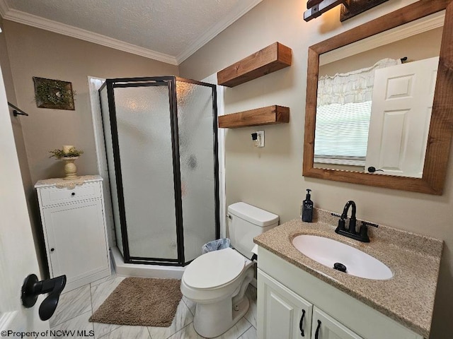 760 Skelton Run, Wallace, WV 26448 - full bath with marble finish flooring, a shower stall, vanity, ornamental molding, and toilet
