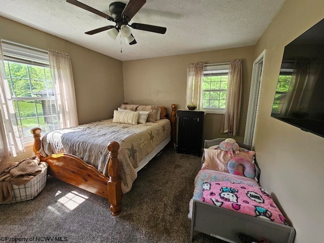 760 Skelton Run, Wallace, WV 26448 - bedroom featuring carpet floors, a textured ceiling, and a ceiling fan