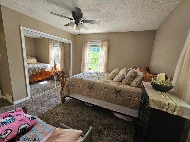 760 Skelton Run, Wallace, WV 26448 - carpeted bedroom featuring a closet, a textured ceiling, and ceiling fan
