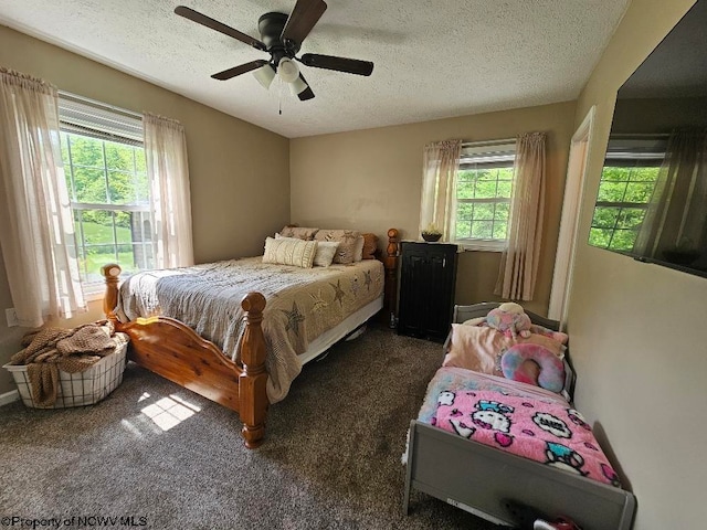 760 Skelton Run, Wallace, WV 26448 - bedroom featuring a textured ceiling, a ceiling fan, and dark colored carpet