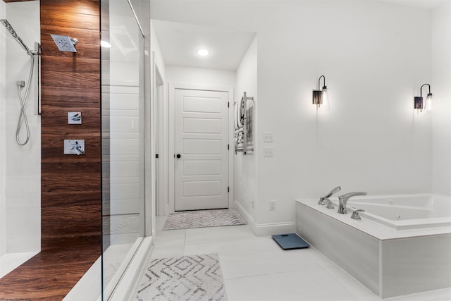 full bath with a tile shower, baseboards, a whirlpool tub, tile patterned floors, and recessed lighting