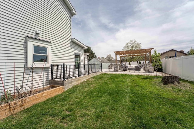 view of yard featuring outdoor lounge area, a patio area, and a pergola