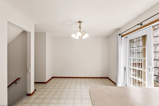 unfurnished dining area featuring light flooring, baseboards, and a chandelier