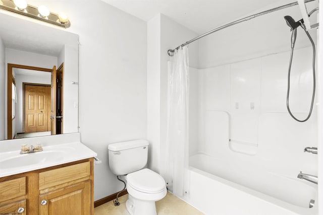 full bath featuring vanity, shower / bath combination with curtain, toilet, baseboards, and tile patterned floors