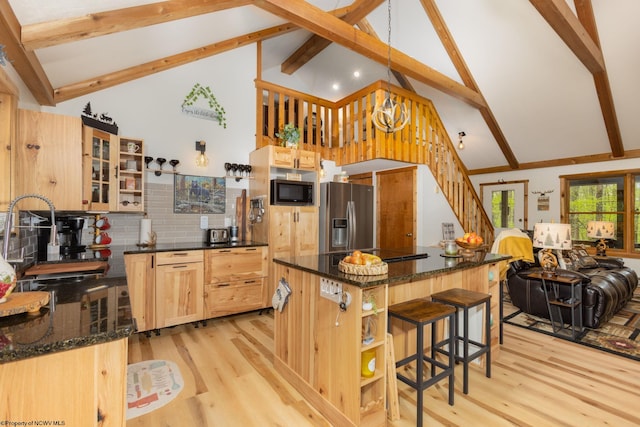 247 Daylily Ct, Terra Alta, WV 26764 - kitchen with stainless steel fridge with ice dispenser, open shelves, light wood-style flooring, a breakfast bar, and beam ceiling