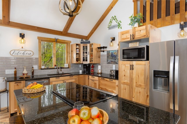 247 Daylily Ct, Terra Alta, WV 26764 - kitchen with stainless steel appliances, a sink, open shelves, tasteful backsplash, and beam ceiling
