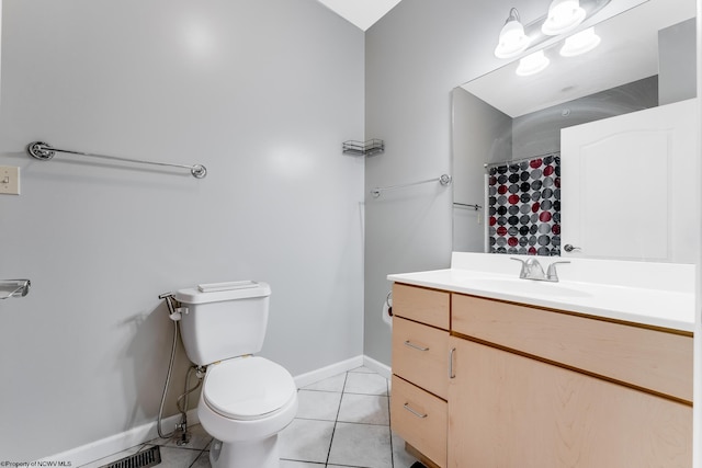 full bathroom with baseboards, toilet, tile patterned flooring, vanity, and a shower with curtain