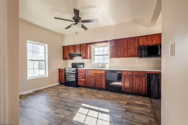 406 Maple Ave, Fairmont, WV 26554 - kitchen featuring black appliances, under cabinet range hood, ceiling fan, light countertops, and dark wood-style flooring