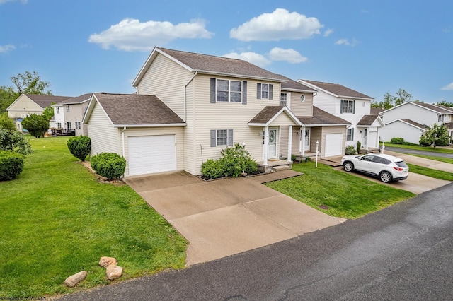 view of front of home with concrete driveway, a garage, a front lawn, a residential view, and a shingled roof