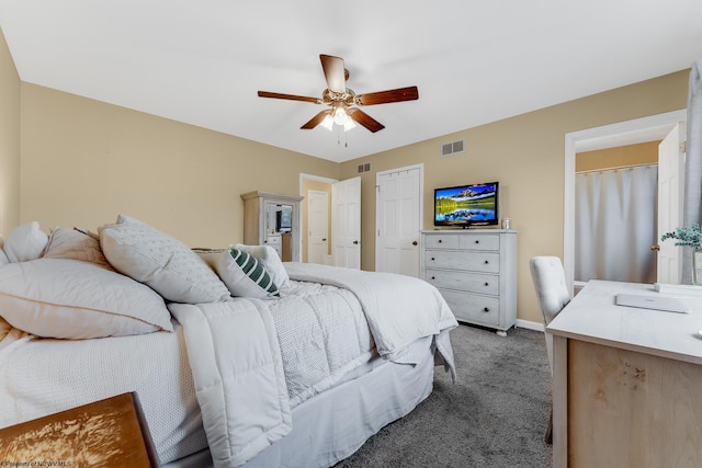 bedroom featuring carpet flooring, a ceiling fan, and baseboards