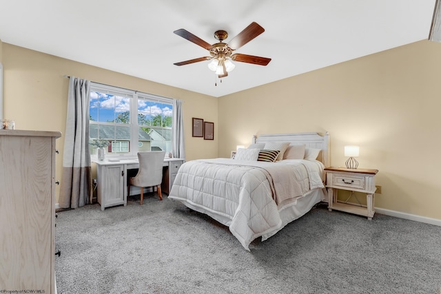 bedroom with carpet flooring, a ceiling fan, and baseboards
