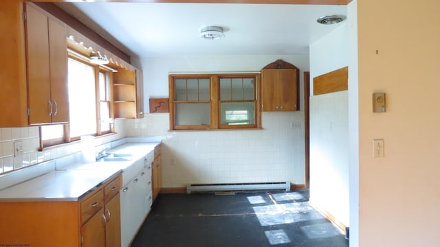 1782 Parsons Rd, Montrose, WV 26283 - kitchen featuring baseboard heating, light countertops, a sink, open shelves, and decorative backsplash