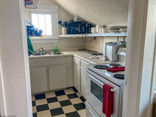 374 Forest Ave Unit 3, Morgantown, WV 26505 - kitchen featuring white electric range, a sink, black microwave, lofted ceiling, and light floors