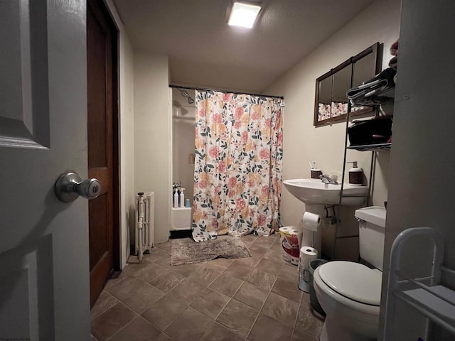 374 Forest Ave Unit 3, Morgantown, WV 26505 - full bathroom with radiator heating unit, toilet, a shower with shower curtain, and tile patterned floors