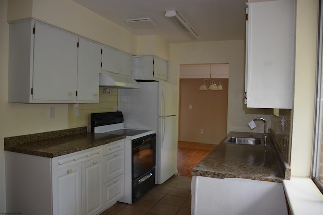 1251 Briercliff Rd, Bridgeport, WV 26330 - kitchen with range with electric stovetop, a sink, under cabinet range hood, tasteful backsplash, and dark countertops