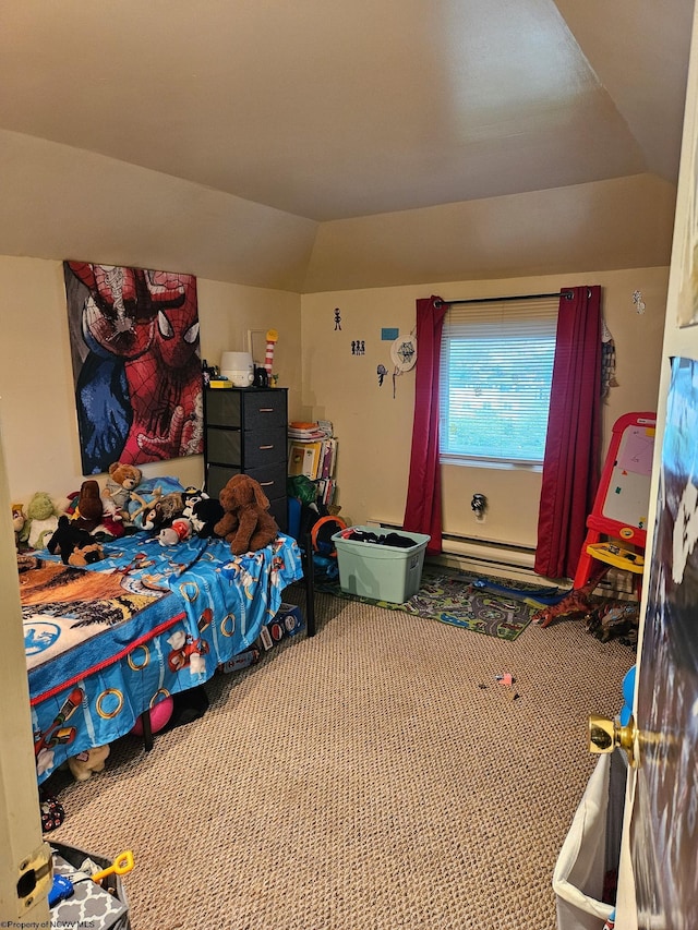 bedroom with carpet, a baseboard heating unit, and lofted ceiling