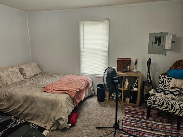 bedroom with electric panel, carpet, and crown molding