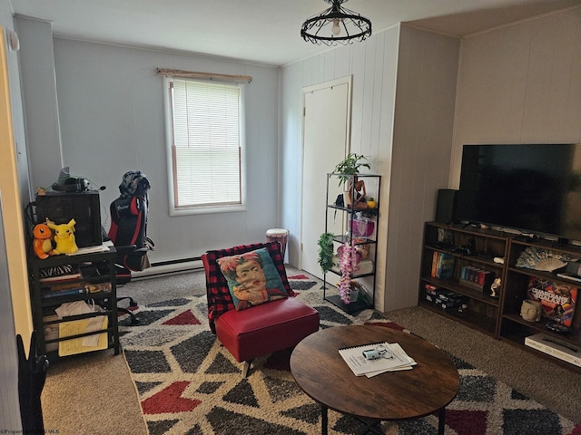 carpeted living room featuring ornamental molding